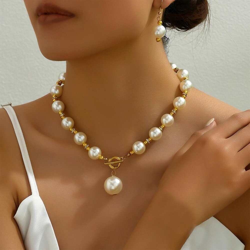Chunky Pearl Necklace Set for Women Gold Pearl Choker Earrings Jewelry - Picture 2 of 6